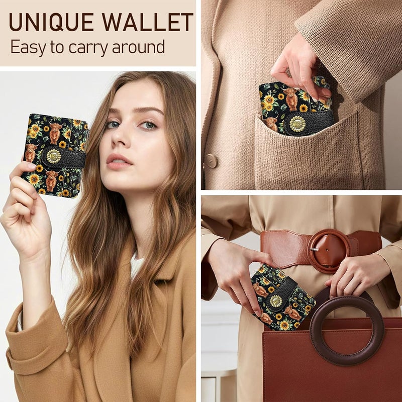 Kelvoris Highland Cow Cattle Sunflower Small Rfid Women Wallet Bifold Zipper Coin Pocket PU Leather Compact Cash Credit Card Holder Travel Wallet for Female Ladies Teen Girls 1 ID Window 10 Card Slots - Image 2
